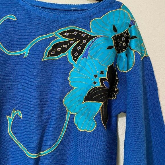 Vintage Blue Boat Neck Long Sleeve Flower Design Pullover Sweater Womens Small - Picture 2 of 6